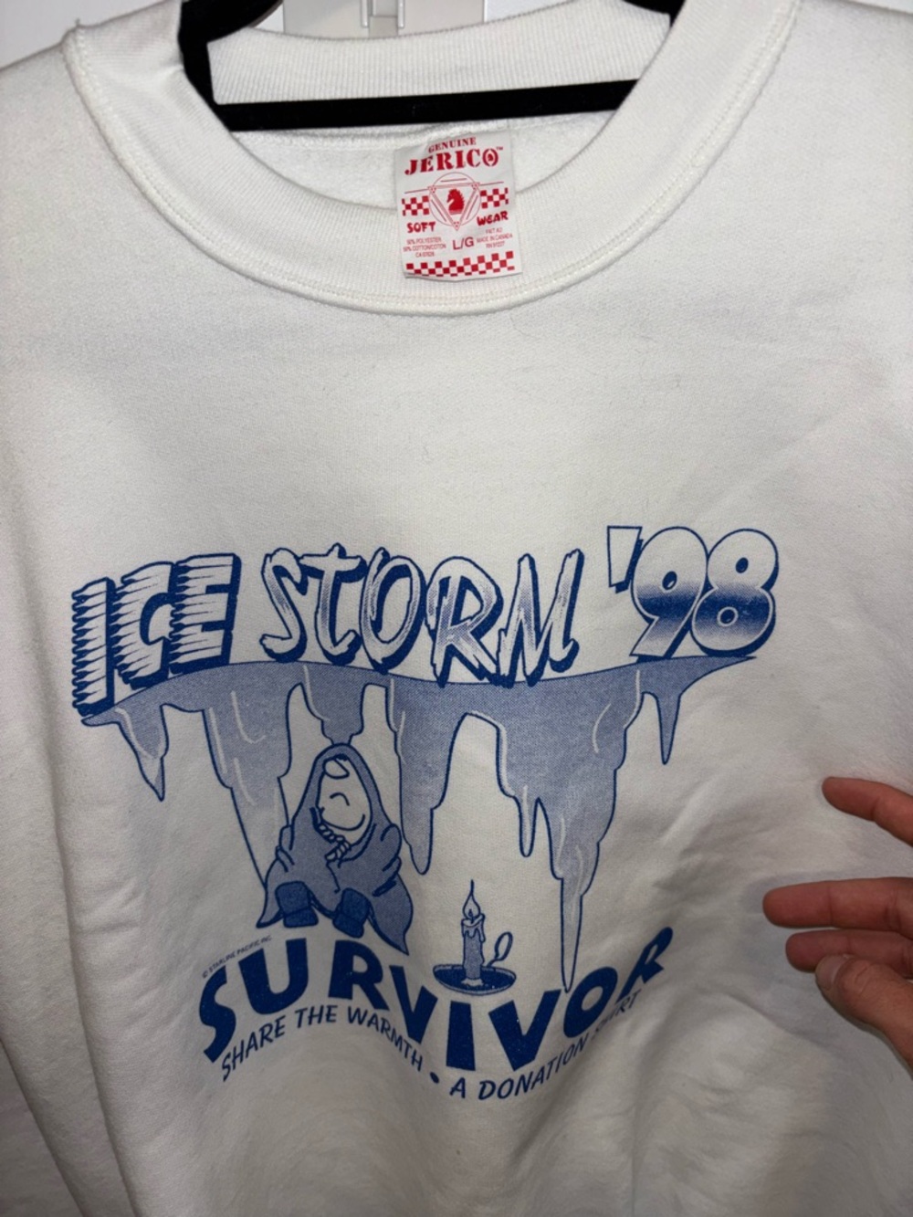 White Crewneck Sweatshirt with Blue "Ice Storm '98" Graphic - Men's